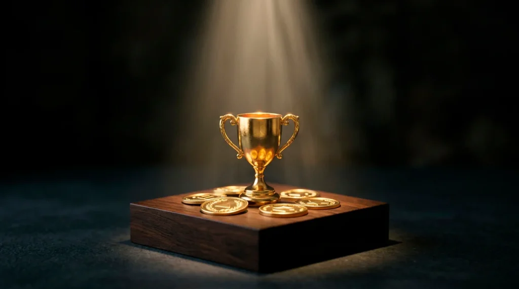 A glowing golden trophy cup on a pedestal surrounded by scattered coins under dramatic spotlight