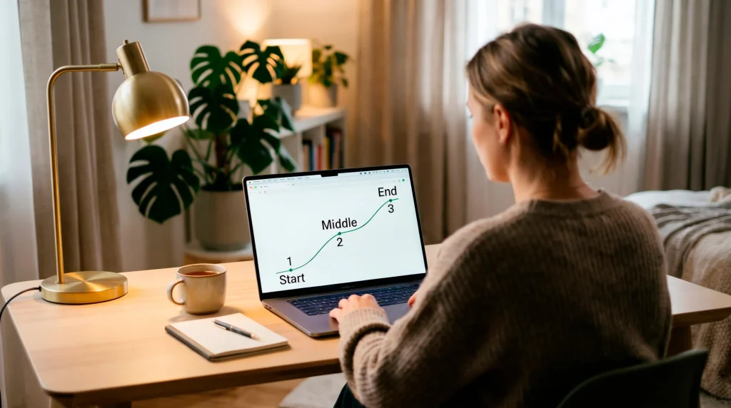 A person looking at a laptop screen showing a simple upward-trending line on a clean desk with focused lighting