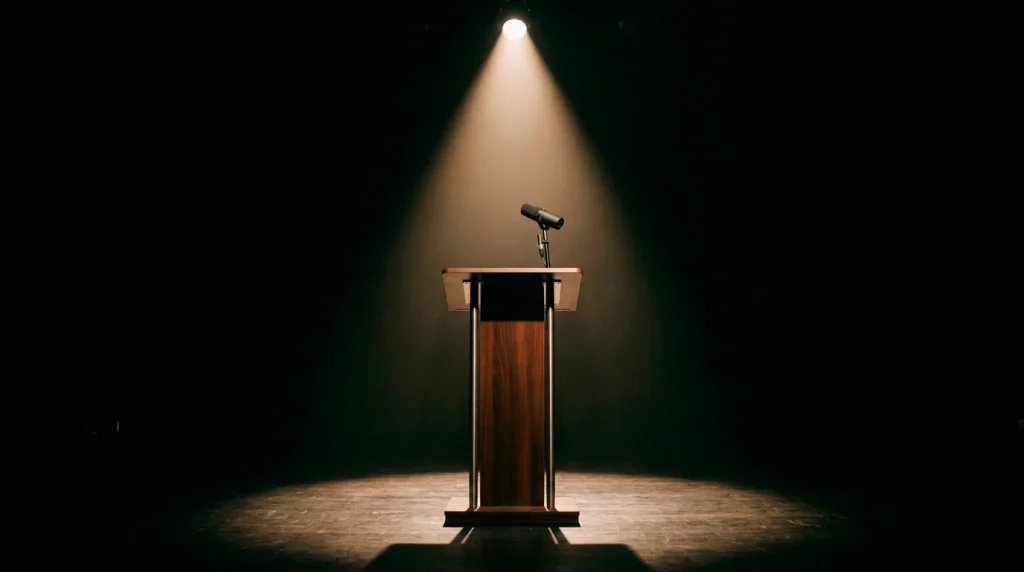 A spotlight illuminating an empty podium with a microphone on a dark stage, representing celebrity marketing