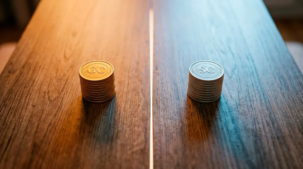 Two distinct stacks of coins on a wooden table — gold coins on the left and silver coins on the right — with soft directional light