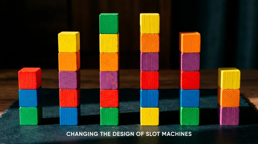 A set of colorful cascading reels made of wooden blocks arranged in varying heights on a dark surface