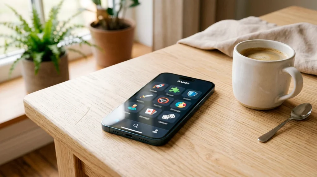 A smartphone on a table displaying a colorful app interface with slot game icons next to a cup of coffee