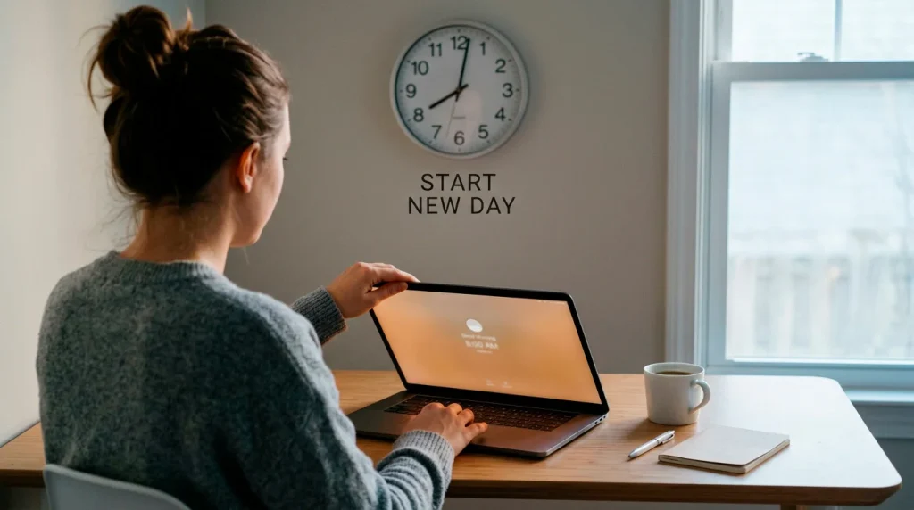 A person sitting at a desk opening a laptop for the first time with a clock showing the time in the background