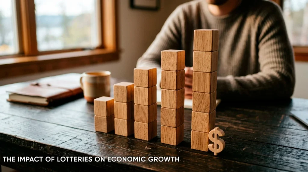 A simple rising bar chart made from stacked wooden blocks on a desk with a $ symbol nearby