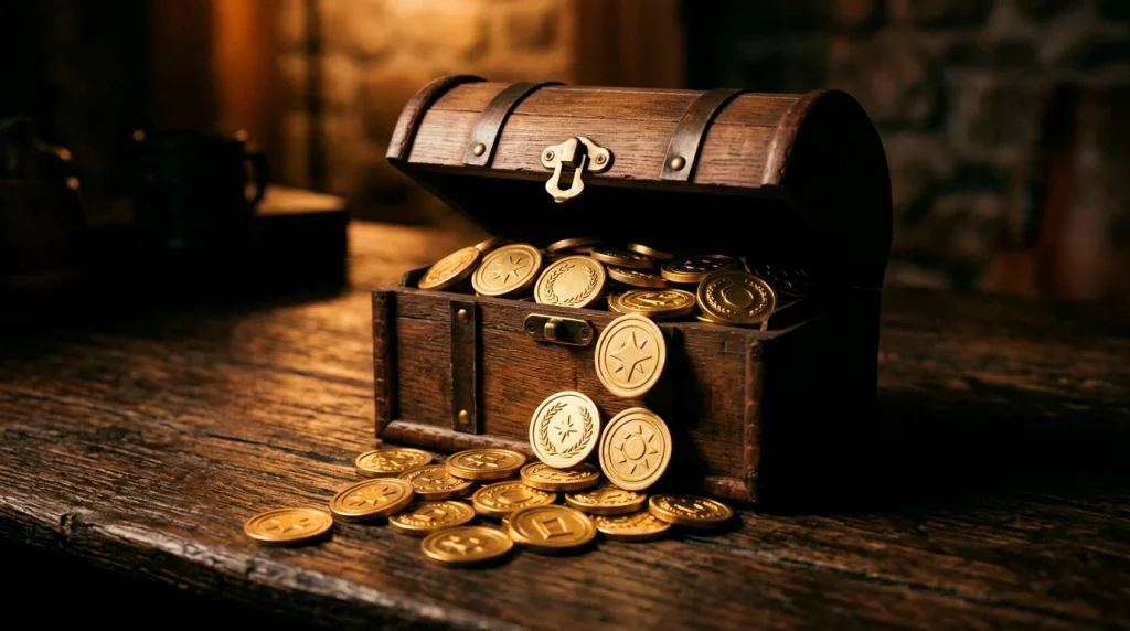 An open treasure chest with golden coins spilling out onto a wooden surface with dramatic lighting