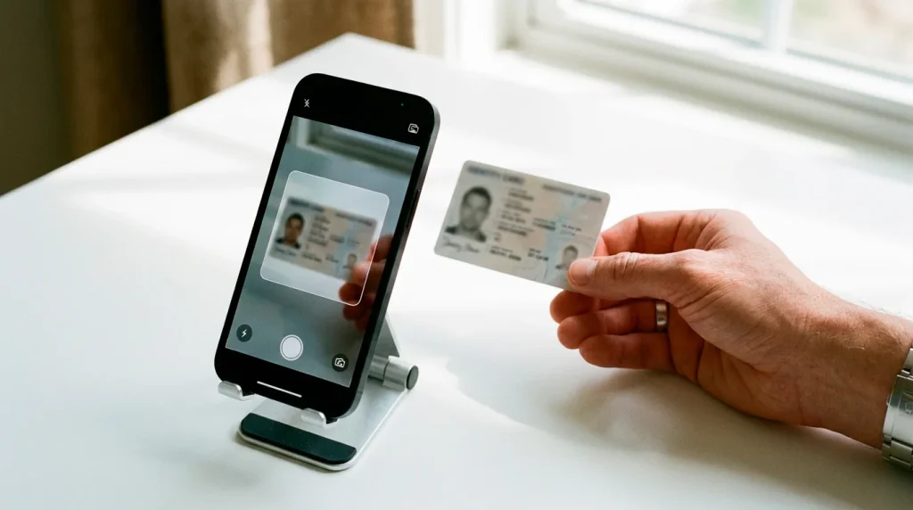 A person holding an ID document next to a smartphone camera for identity verification on a clean desk