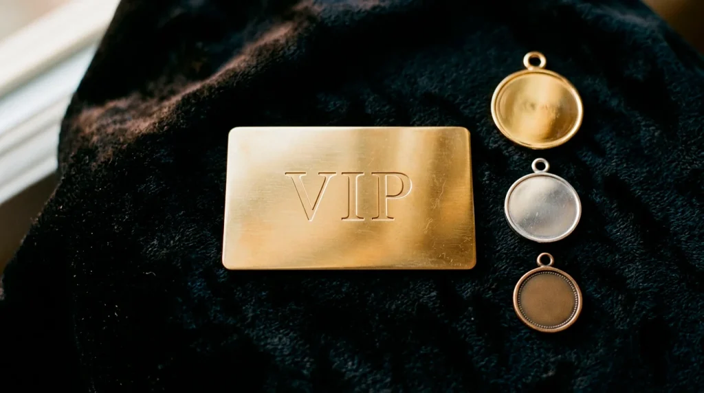 A golden VIP card on a velvet surface next to a series of ascending bronze, silver, and gold tier badges