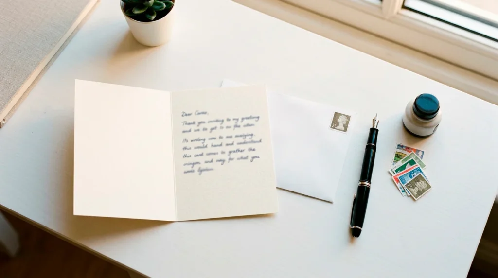 Handwritten postcard and envelope on a desk next to a pen and a small stack of stamps