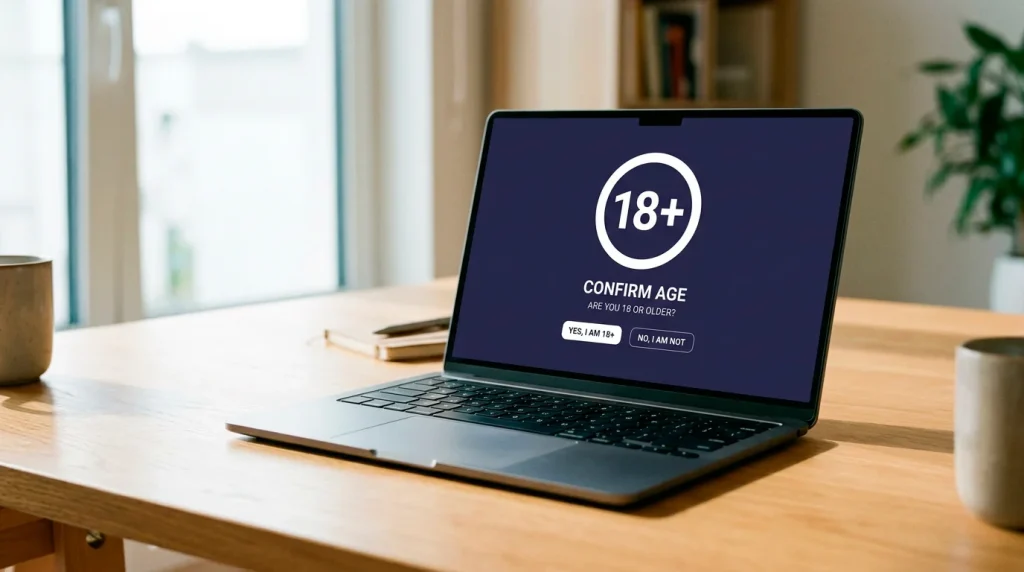 A closed laptop with a large 18-plus age restriction symbol on the screen in a well-lit room