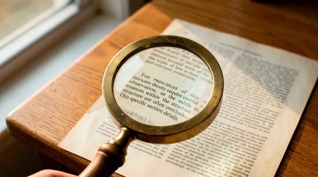 A magnifying glass hovering over a document with fine print text on a desk under focused light