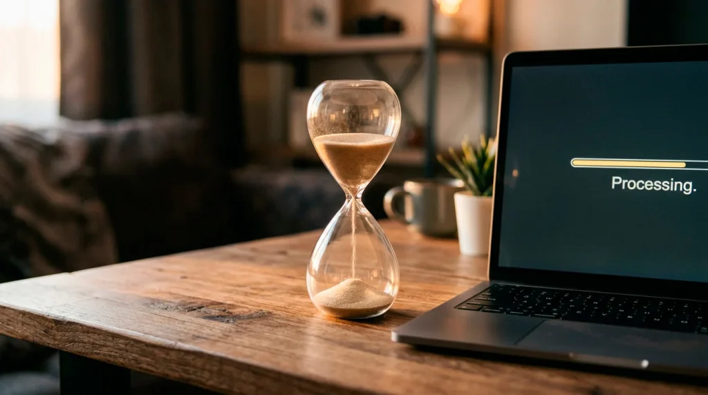 An hourglass on a desk next to a laptop showing a loading progress bar with warm side lighting