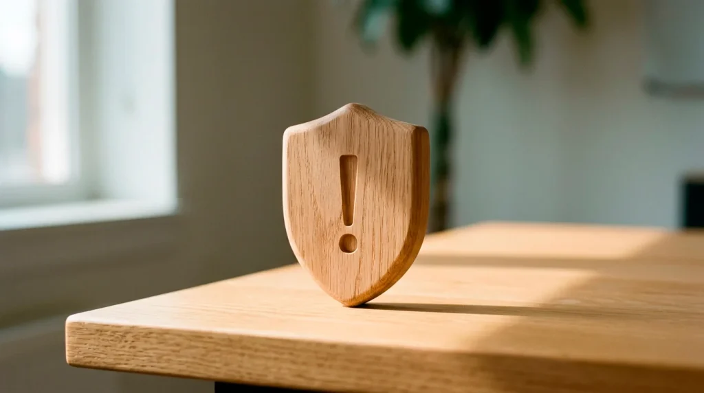 A shield icon made of wood standing upright on a desk with a caution symbol, representing player protection