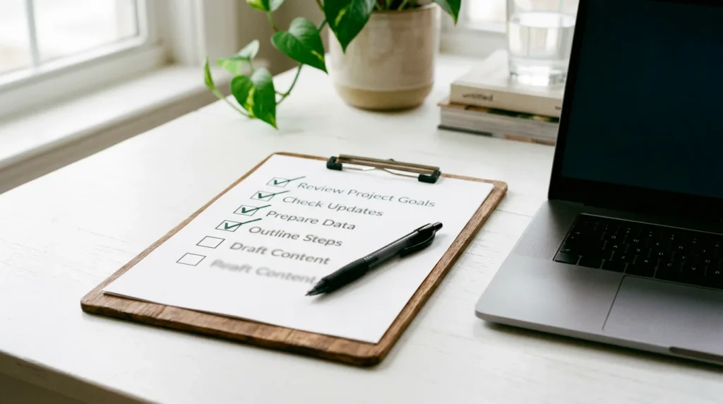 A clipboard with a checklist and a pen on a clean desk next to a laptop with evaluation data