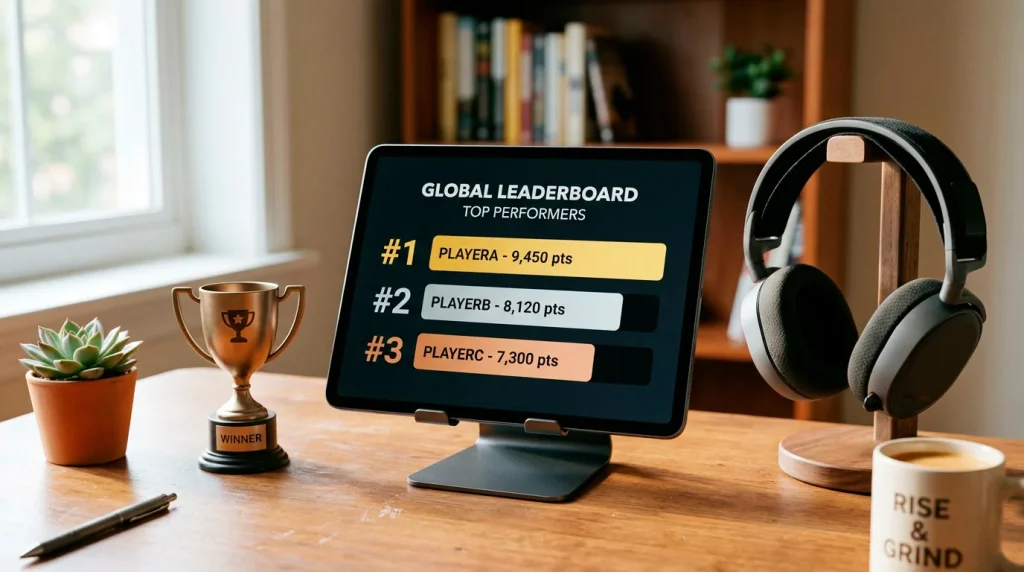 A leaderboard display on a tablet screen surrounded by competitive gaming elements on a desk