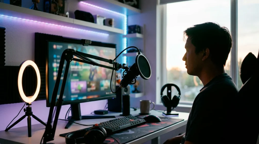 A person streaming on a computer with a ring light and microphone in a dimly lit room with purple ambient light