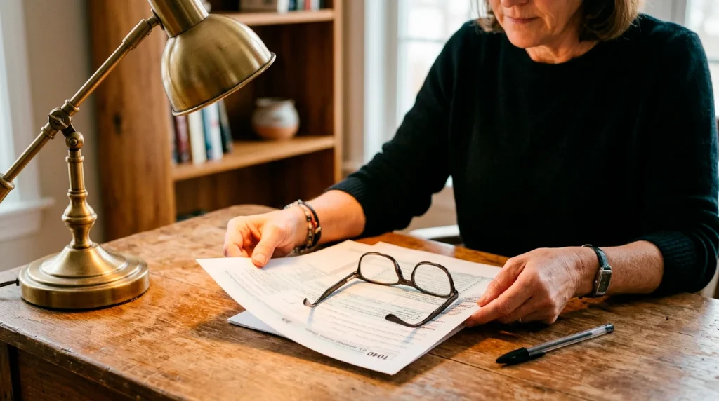 A person reviewing a tax document at a desk with reading glasses and a pen under a desk lamp