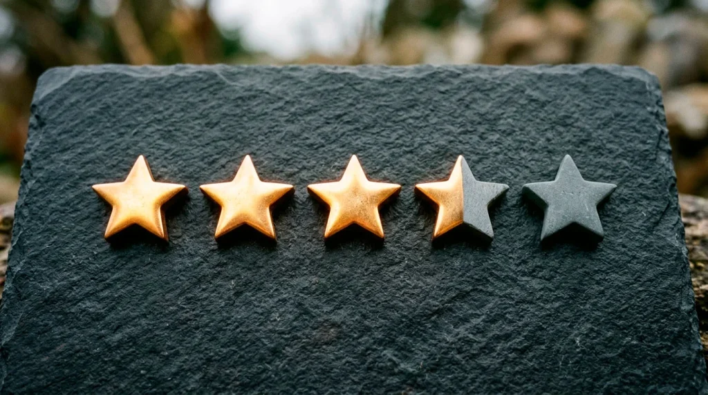 Five star-shaped objects on a desk with the first three glowing gold and the last two dimmed, representing a rating