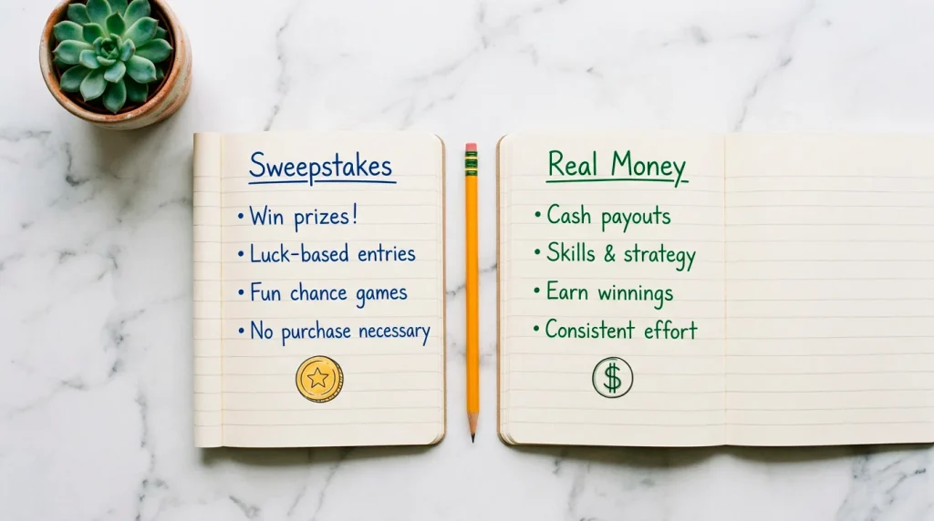 Sweepstakes casino vs real money casino — side-by-side comparison