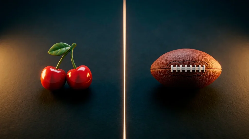 A split image showing a slot reel symbol on the left and a sports ball on the right divided by a vertical line