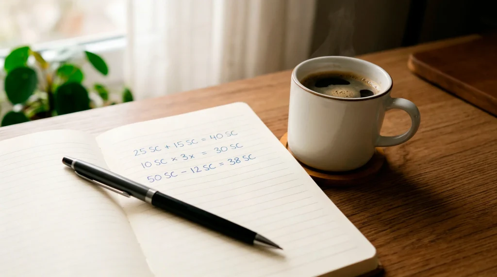 A notebook with simple multiplication calculations written by hand next to a coffee cup on a desk