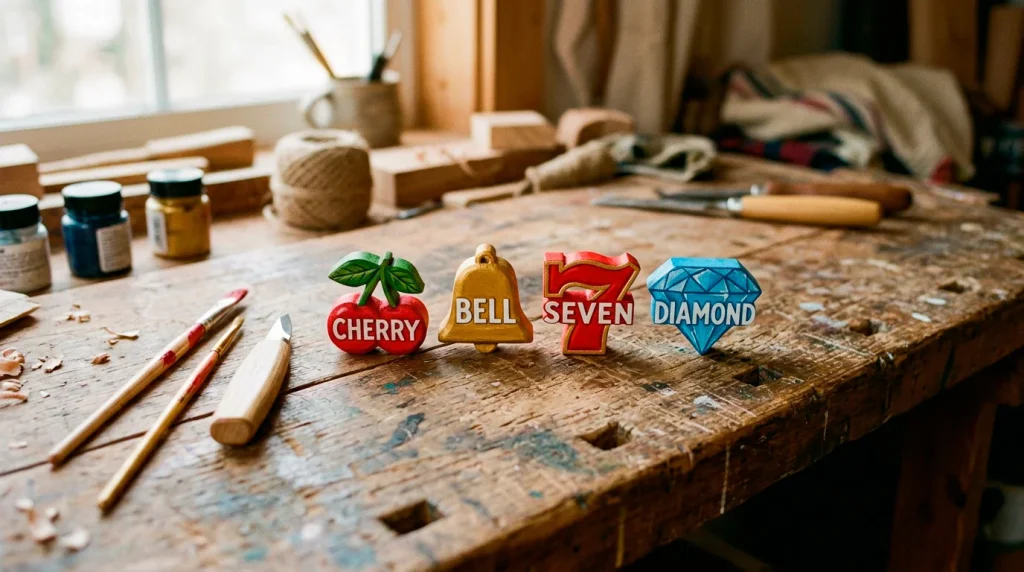 A row of colorful slot machine reels made from crafted materials on a workbench with tools, representing game development